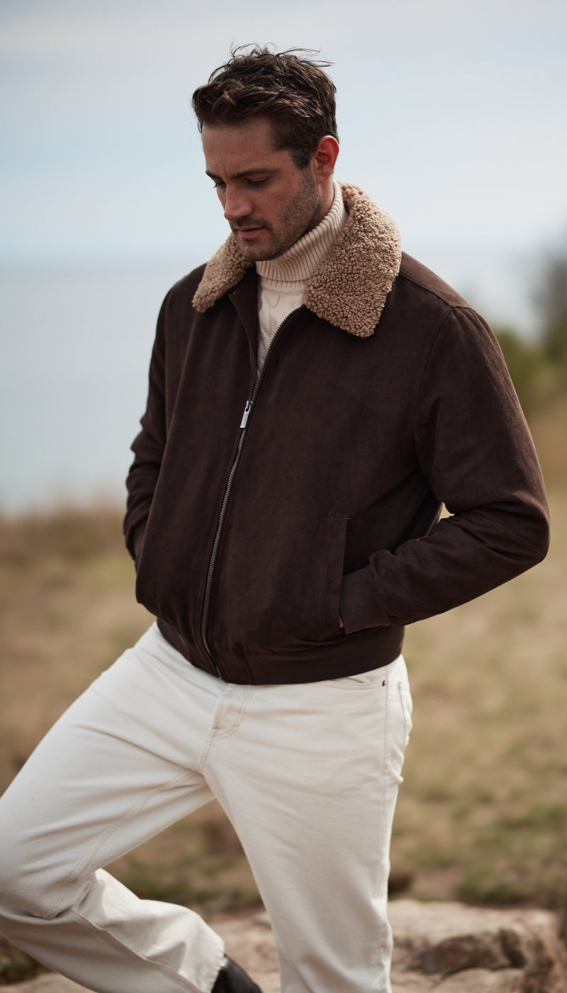 MICRO SUEDE BOMBER JACKET WITH FAUX FUR COLLAR