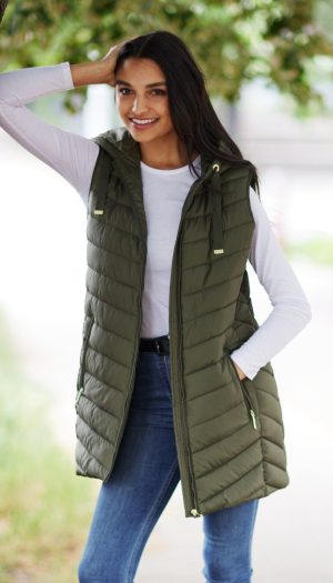 HOODED CHEVRON LONGLINE PUFFER VEST