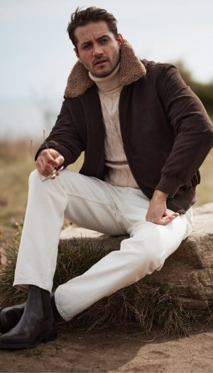 MICRO SUEDE BOMBER JACKET WITH FAUX FUR COLLAR