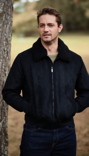 MICRO SUEDE BOMBER JACKET WITH FAUX FUR COLLAR