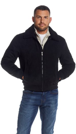 MICRO SUEDE BOMBER JACKET WITH FAUX FUR COLLAR