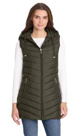 HOODED CHEVRON LONGLINE PUFFER VEST