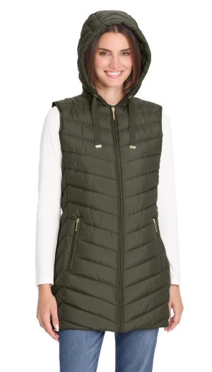 HOODED CHEVRON LONGLINE PUFFER VEST