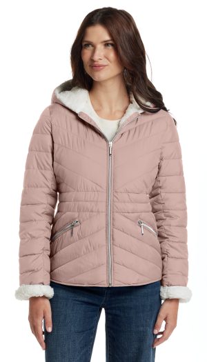 CHEVRON QUILTED PUFFER COAT WITH COZY FLEECE LINING