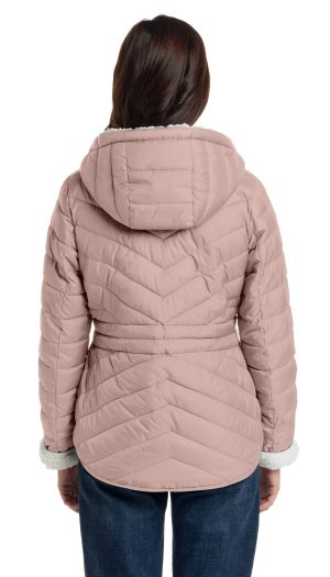 CHEVRON QUILTED PUFFER COAT WITH COZY FLEECE LINING