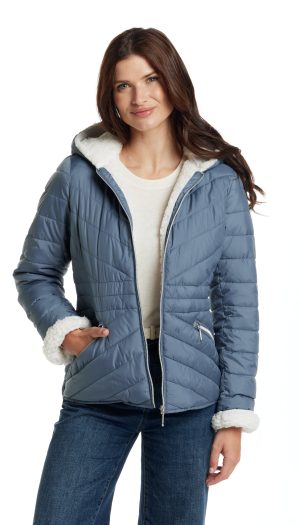 CHEVRON QUILTED PUFFER COAT WITH COZY FLEECE LINING